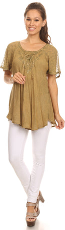 Sakkas Ellie Sequin Embroidered Cap Sleeve Scoop Neck Relaxed Fit Blouse