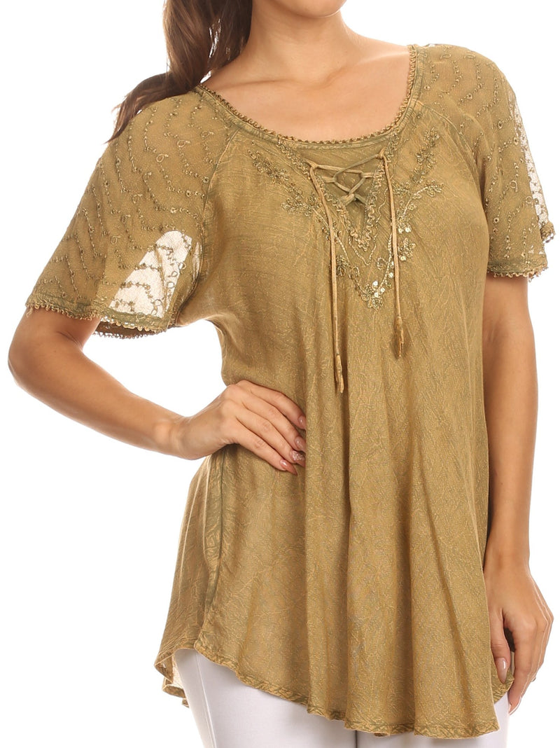 Sakkas Ellie Sequin Embroidered Cap Sleeve Scoop Neck Relaxed Fit Blouse