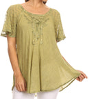 Sakkas Ellie Sequin Embroidered Cap Sleeve Scoop Neck Relaxed Fit Blouse
