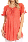 Sakkas Ellie Sequin Embroidered Cap Sleeve Scoop Neck Relaxed Fit Blouse#color_Pink