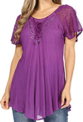 Sakkas Ellie Sequin Embroidered Cap Sleeve Scoop Neck Relaxed Fit Blouse#color_Purple