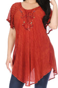 Sakkas Ellie Sequin Embroidered Cap Sleeve Scoop Neck Relaxed Fit Blouse#color_Red
