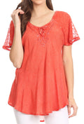 Sakkas Ellie Sequin Embroidered Cap Sleeve Scoop Neck Relaxed Fit Blouse#color_Salmon
