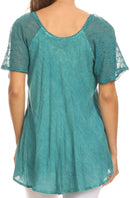 Sakkas Ellie Sequin Embroidered Cap Sleeve Scoop Neck Relaxed Fit Blouse