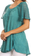 Sakkas Ellie Sequin Embroidered Cap Sleeve Scoop Neck Relaxed Fit Blouse