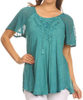 Sakkas Ellie Sequin Embroidered Cap Sleeve Scoop Neck Relaxed Fit Blouse#color_Teal 