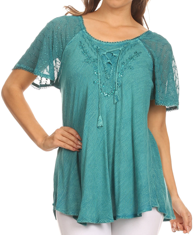 Sakkas Ellie Sequin Embroidered Cap Sleeve Scoop Neck Relaxed Fit Blouse