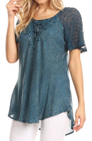 Sakkas Ellie Sequin Embroidered Cap Sleeve Scoop Neck Relaxed Fit Blouse