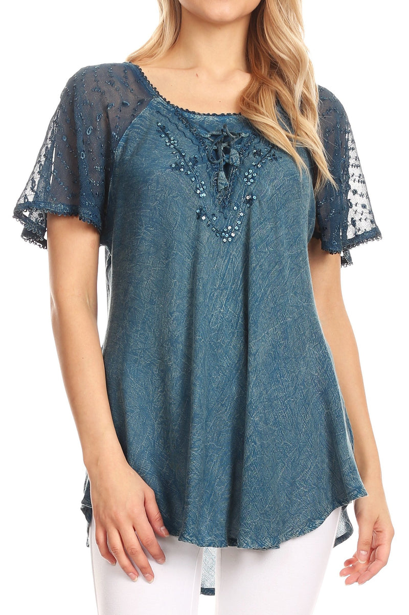 Sakkas Ellie Sequin Embroidered Cap Sleeve Scoop Neck Relaxed Fit Blouse