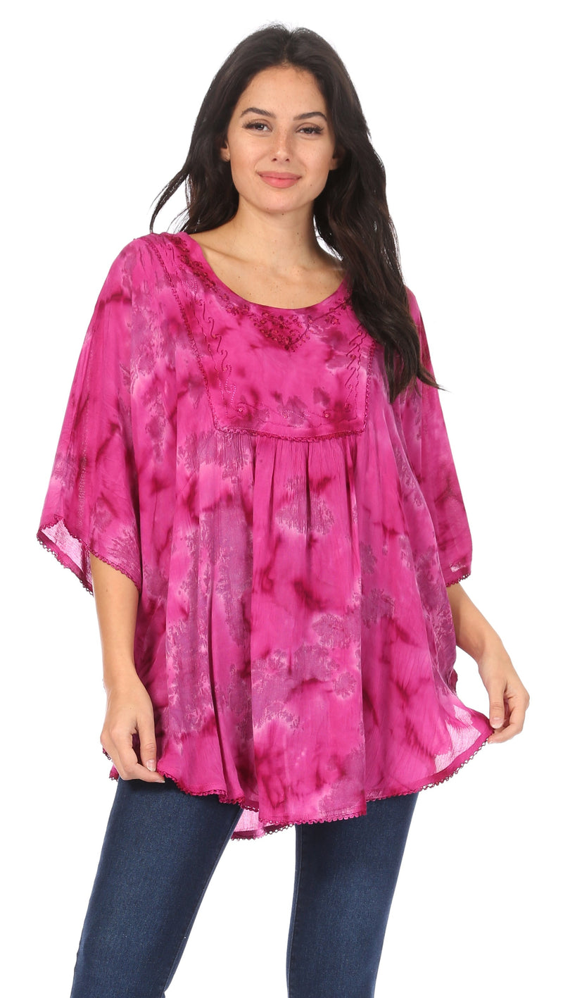 Sakkas Cleeo Long Wide Tie Dye Lace Embroidered Sequin Poncho Blouse Top Cover Up