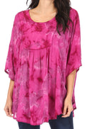 Sakkas Cleeo Long Wide Tie Dye Lace Embroidered Sequin Poncho Blouse Top Cover Up#color_Fuchsia