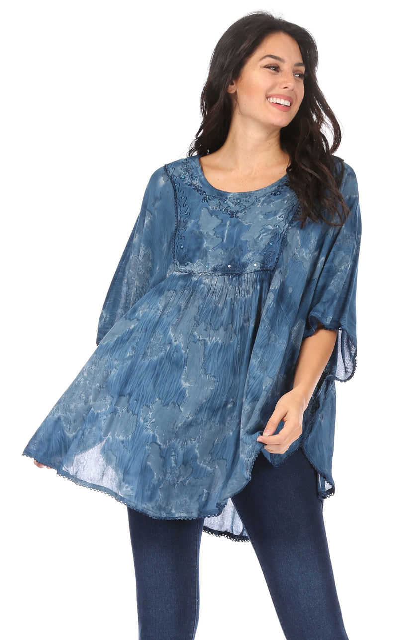 Sakkas Cleeo Long Wide Tie Dye Lace Embroidered Sequin Poncho Blouse Top Cover Up