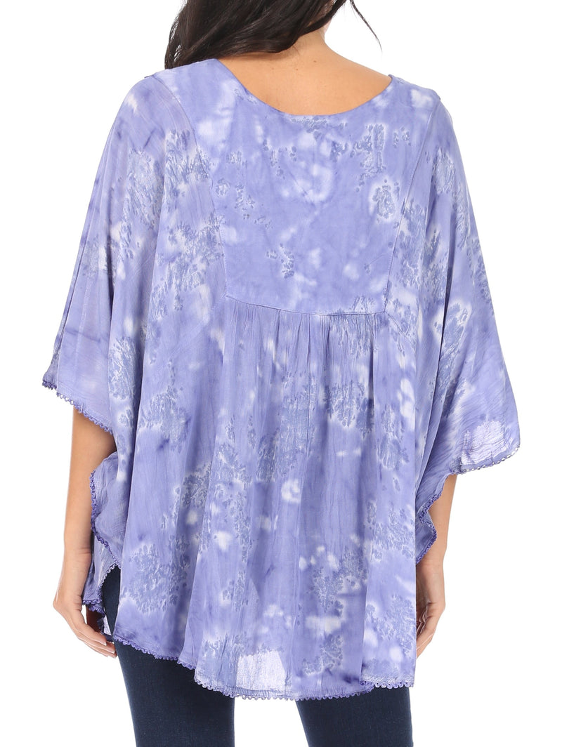 Sakkas Cleeo Long Wide Tie Dye Lace Embroidered Sequin Poncho Blouse T