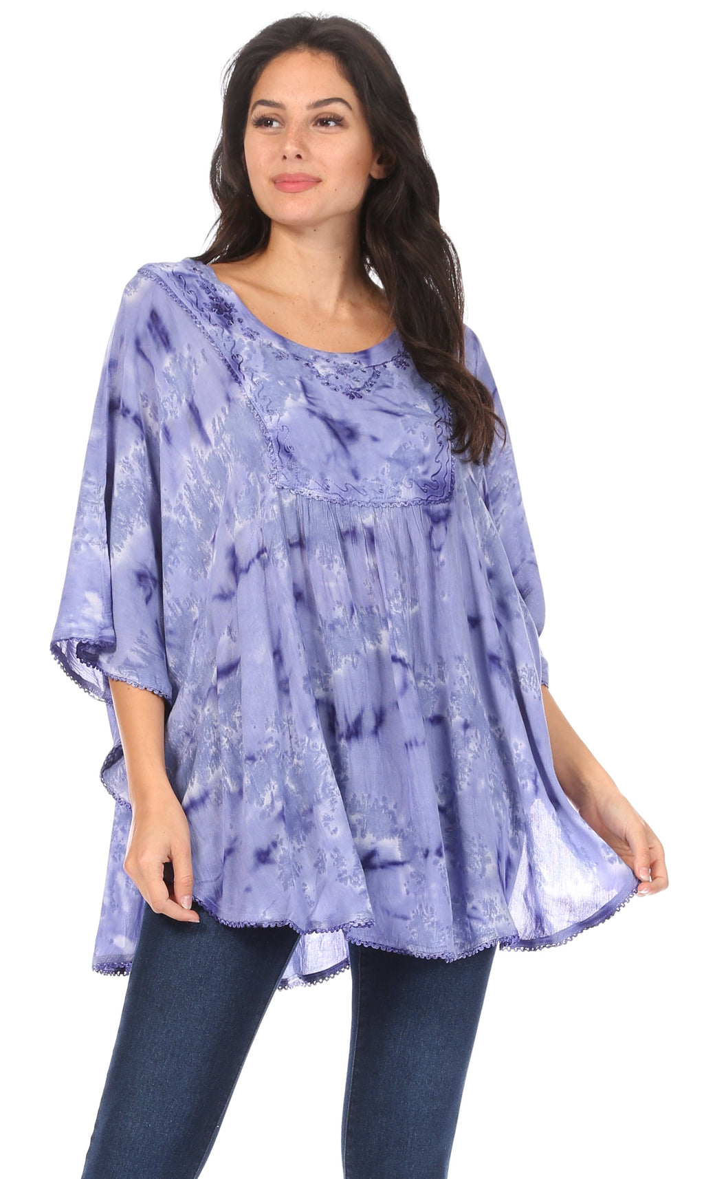 Sakkas Cleeo Long Wide Tie Dye Lace Embroidered Sequin Poncho Blouse T