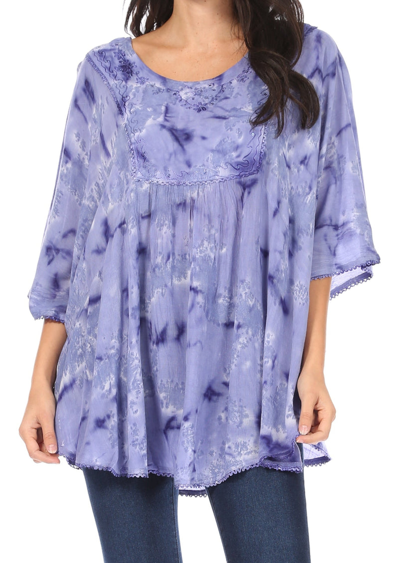 Sakkas Cleeo Long Wide Tie Dye Lace Embroidered Sequin Poncho Blouse Top Cover Up