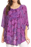 Sakkas Cleeo Long Wide Tie Dye Lace Embroidered Sequin Poncho Blouse Top Cover Up#color_Purple