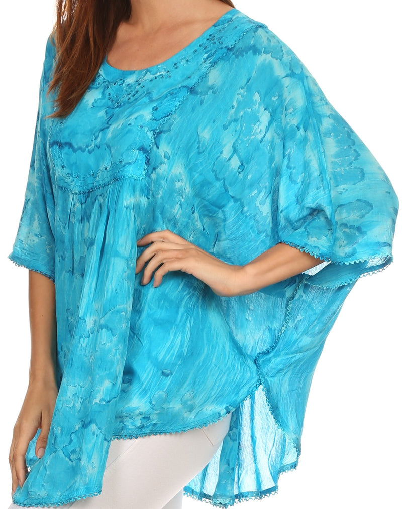 Sakkas Cleeo Long Wide Tie Dye Lace Embroidered Sequin Poncho Blouse Top Cover Up