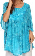 Sakkas Cleeo Long Wide Tie Dye Lace Embroidered Sequin Poncho Blouse Top Cover Up#color_Turquoise