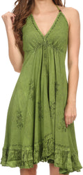 Sakkas Jia Stonewashed Embroidered Handkerchief Hem Halter Dress With Beads#color_Green