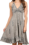 Sakkas Jia Stonewashed Embroidered Handkerchief Hem Halter Dress With Beads#color_Grey