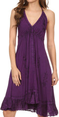 Sakkas Jia Stonewashed Embroidered Handkerchief Hem Halter Dress With Beads#color_Purple