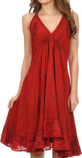 Sakkas Jia Stonewashed Embroidered Handkerchief Hem Halter Dress With Beads#color_Red