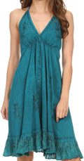 Sakkas Jia Stonewashed Embroidered Handkerchief Hem Halter Dress With Beads#color_Turquoise