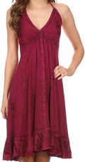 Sakkas Jia Stonewashed Embroidered Handkerchief Hem Halter Dress With Beads#color_Wine