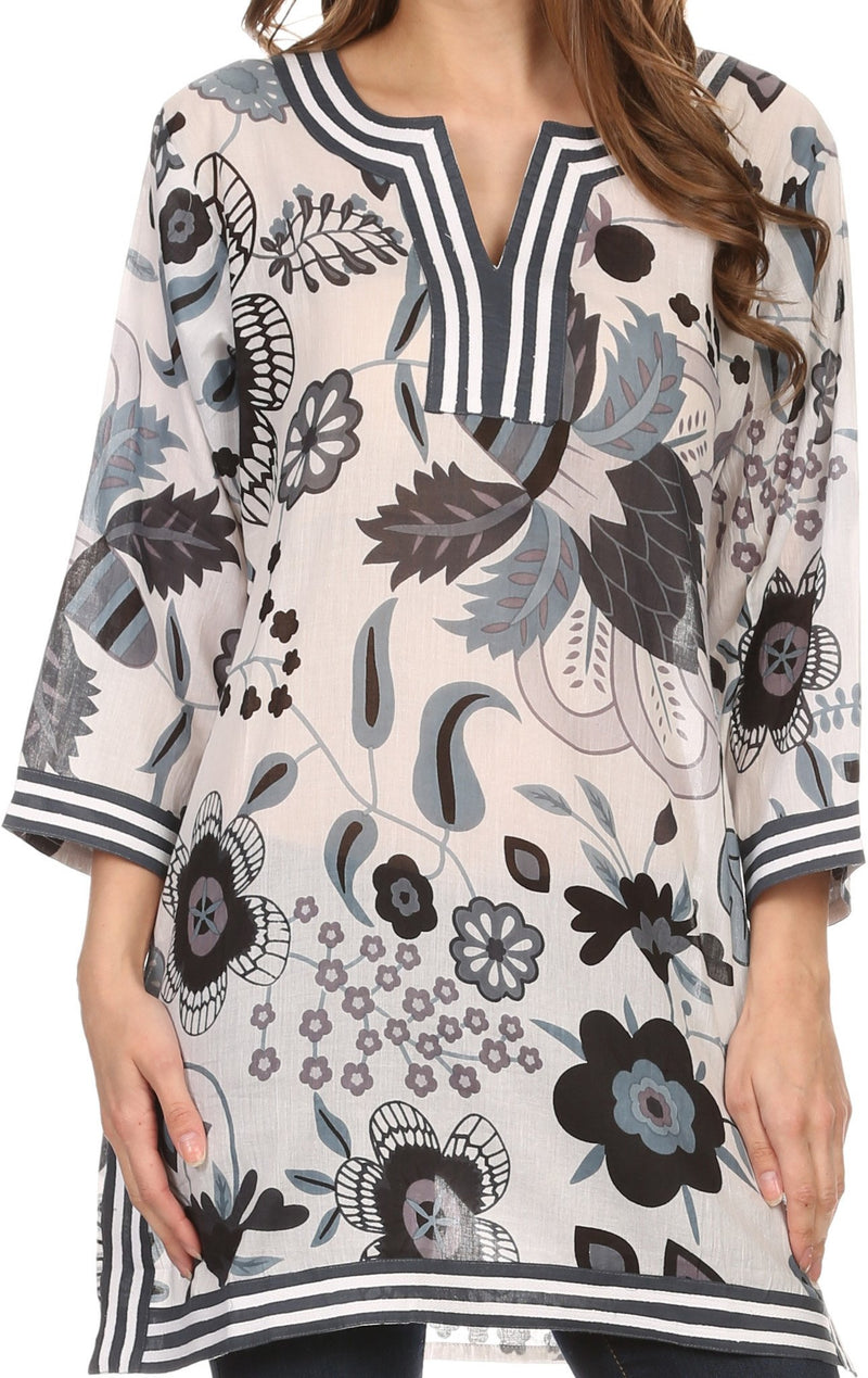 Sakkas Abril Long Sleeve Cotton Tunic Blouse Top With Printed Floral Pattern