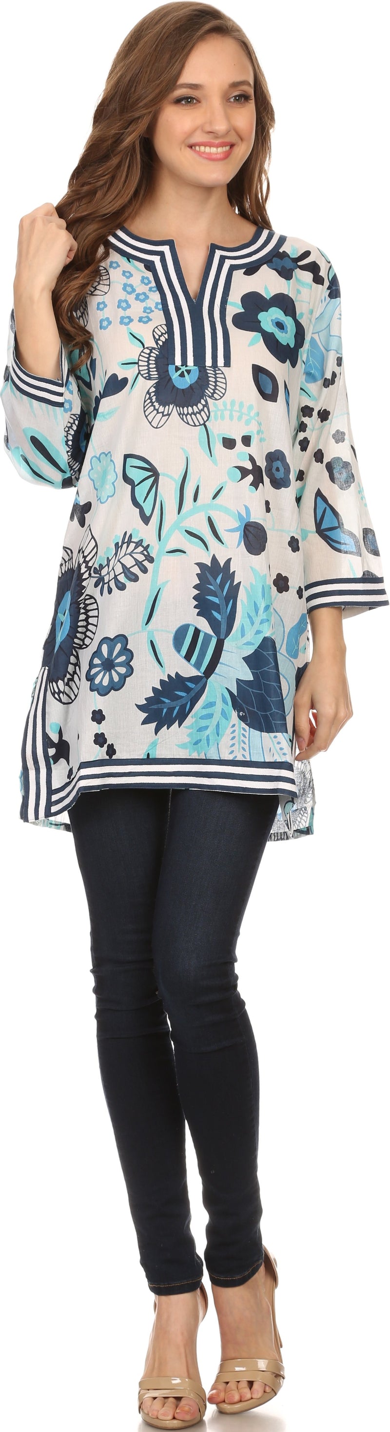 Sakkas Abril Long Sleeve Cotton Tunic Blouse Top With Printed Floral Pattern
