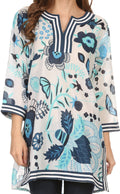 Sakkas Abril Long Sleeve Cotton Tunic Blouse Top With Printed Floral Pattern#color_Navy/Turquoise