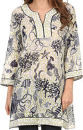 Sakkas Americus Long Sleeve Cotton Tunic Blouse Top With Ocean Floor Prints#color_Navy/Green