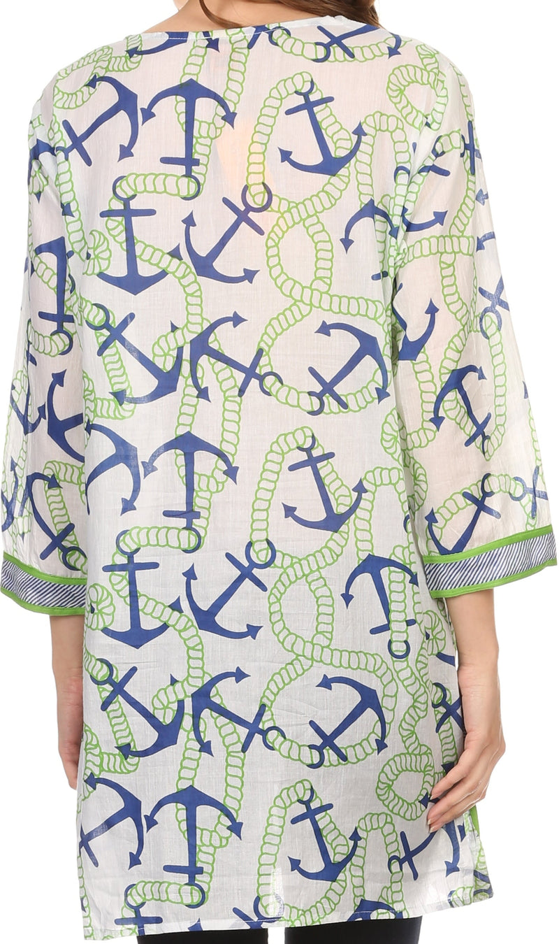 Sakkas Caddie Tunic Blouse Top Shirt With Pattern Print And Trimming
