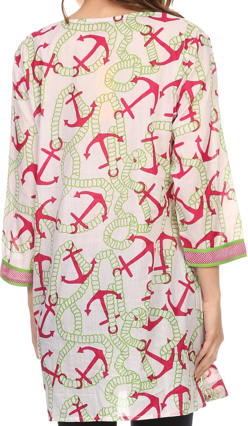 Sakkas Caddie Tunic Blouse Top Shirt With Pattern Print And Trimming
