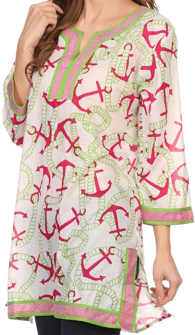Sakkas Caddie Tunic Blouse Top Shirt With Pattern Print And Trimming