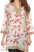 Sakkas Caddie Tunic Blouse Top Shirt With Pattern Print And Trimming#color_Green/Pink