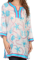 Sakkas Fawn Tunic Blouse Top With Printed Pattern And Multi Toned Trims#color_Turquoise/Pink