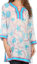Sakkas Fawn Tunic Blouse Top With Printed Pattern And Multi Toned Trims#color_Turq / Pink