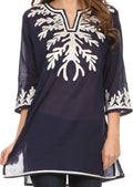 Sakkas Gyan Tunic Blouse Shirt With Long Sleeves And Emrboidery Details#color_Navy/White