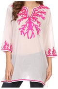Sakkas Gyan Tunic Blouse Shirt With Long Sleeves And Emrboidery Details#color_White/Pink