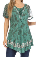 Sakkas Ash Speckled Tiedye Embroidered Cap Sleeve Blouse Top With Embroidery Hems#color_SeaGreen