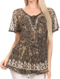Sakkas Ash Speckled Tiedye Embroidered Cap Sleeve Blouse Top With Embroidery Hems#color_Black