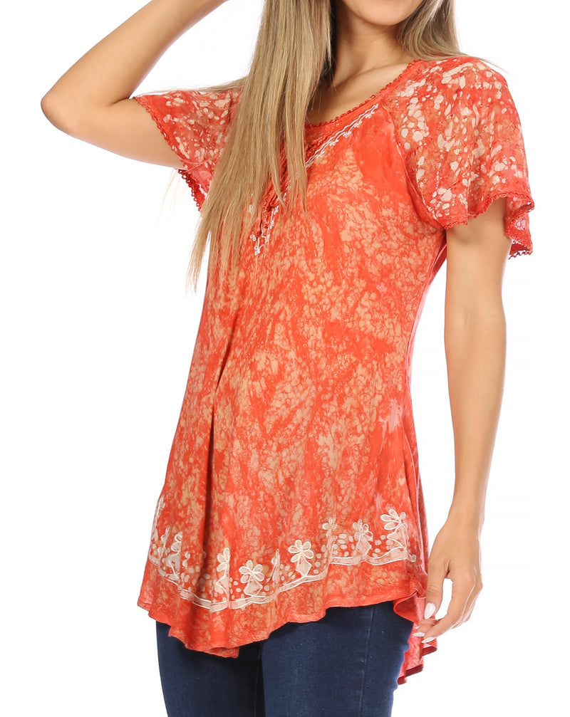 Sakkas Ash Speckled Tiedye Embroidered Cap Sleeve Blouse Top With Embroidery Hems