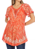 Sakkas Ash Speckled Tiedye Embroidered Cap Sleeve Blouse Top With Embroidery Hems#color_Brick