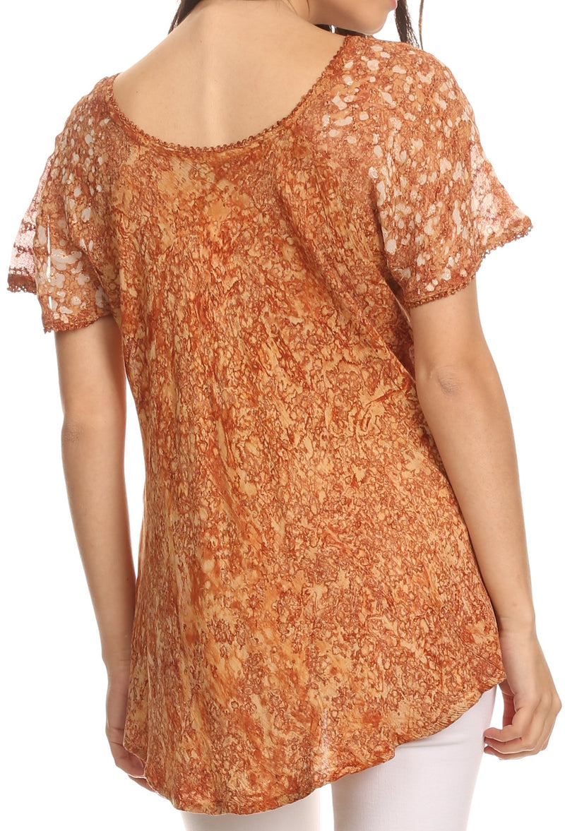 Sakkas Ash Speckled Tiedye Embroidered Cap Sleeve Blouse Top With Embroidery Hems