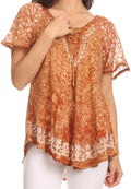 Sakkas Ash Speckled Tiedye Embroidered Cap Sleeve Blouse Top With Embroidery Hems#color_Brown