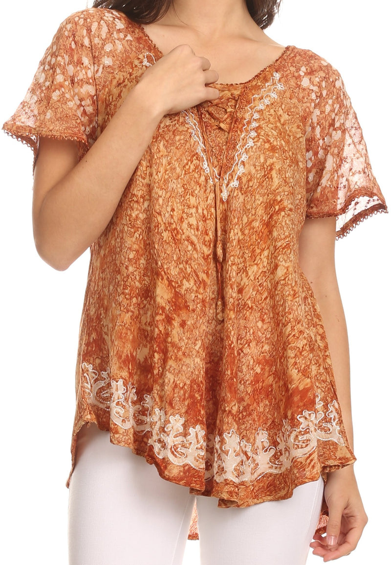 Sakkas Ash Speckled Tiedye Embroidered Cap Sleeve Blouse Top With Embroidery Hems