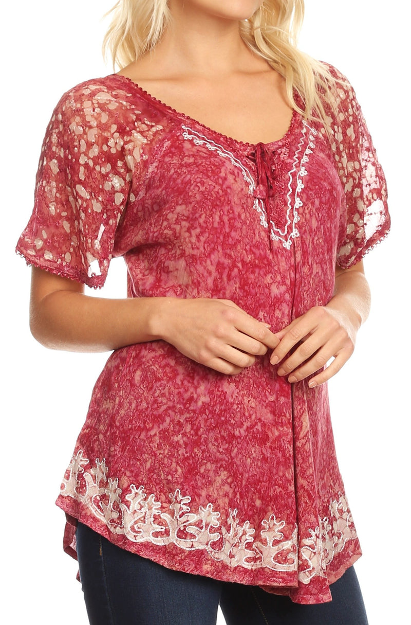 Sakkas Ash Speckled Tiedye Embroidered Cap Sleeve Blouse Top With Embroidery Hems