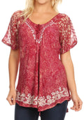 Sakkas Ash Speckled Tiedye Embroidered Cap Sleeve Blouse Top With Embroidery Hems#color_Brown/Burg