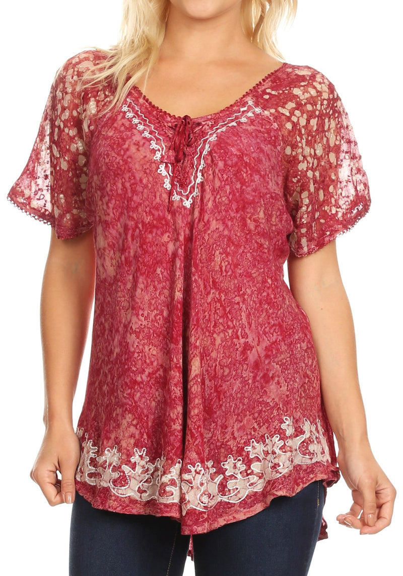 Sakkas Ash Speckled Tiedye Embroidered Cap Sleeve Blouse Top With Embroidery Hems